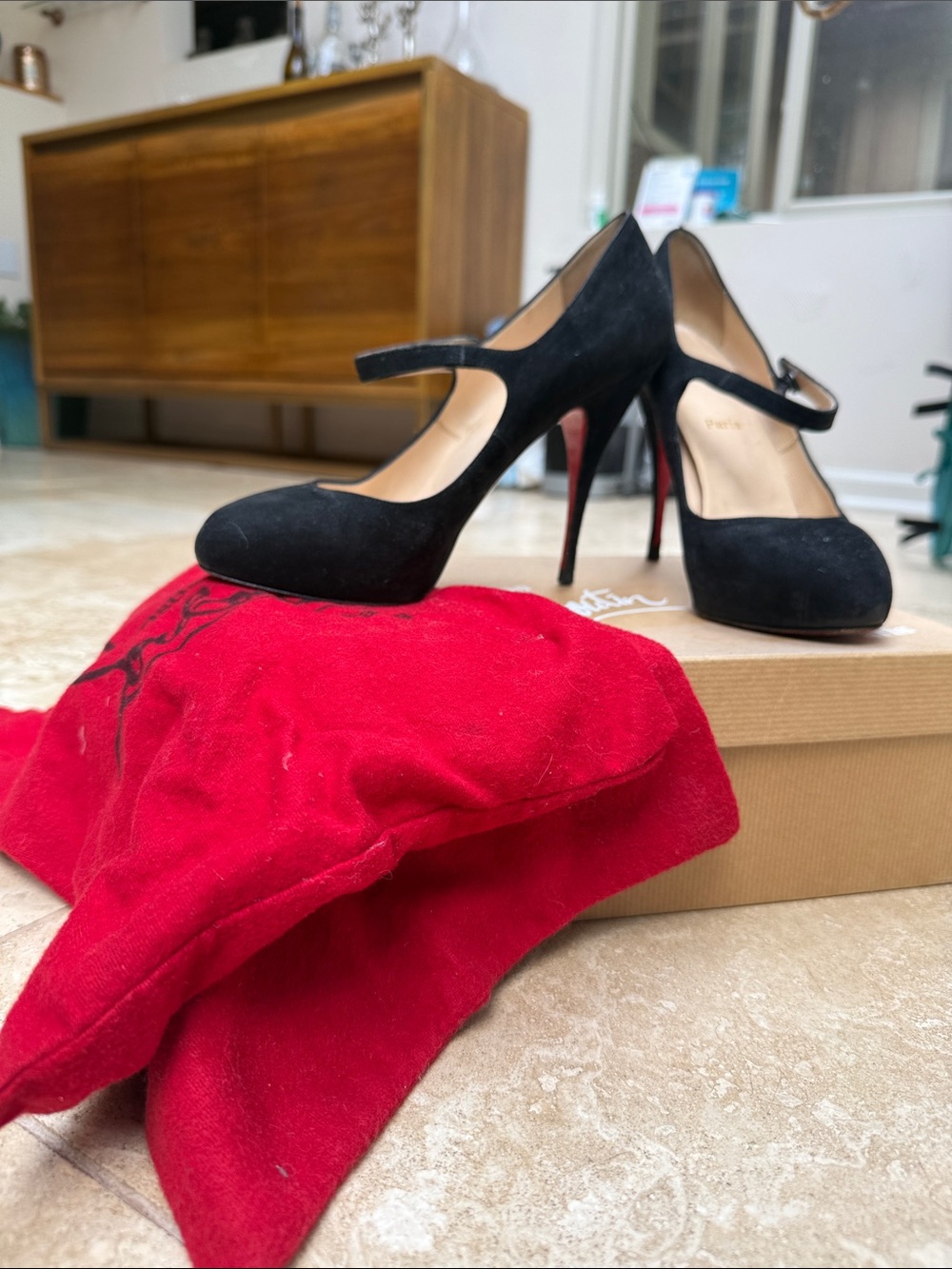 Christian Louboutin Decocolico Black Veau Velours (Suede) Mary Jane rounded toe